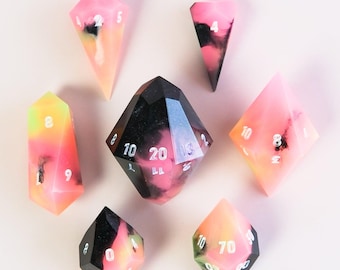 Neon Nostalgia Resin Dice Set: Handmade Sharp Edge Polyhedral DnD Dice