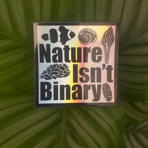 May include: A square sticker with the text "Nature Isn't Binary". The sticker has a holographic background and features black and white illustrations of a fish, a snail, a leaf, a cluster of berries, and a pinecone.