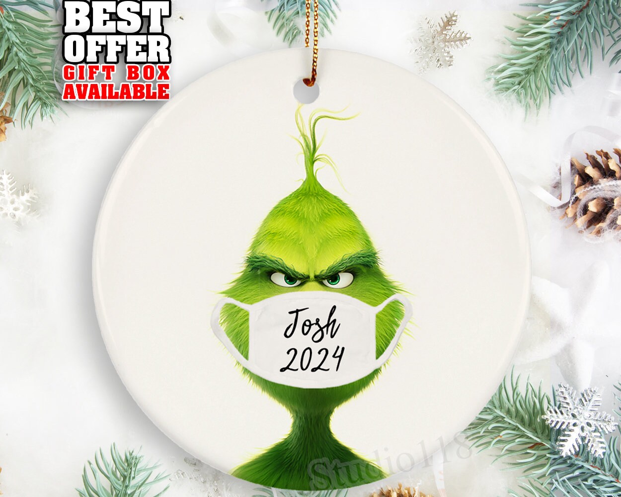 Personalized Grinch Ornament, Grinch Face Mask Ornament, Personalized  Grinch Keepsake, Covid Christmas 2025, Funny Grinch Gift, _125