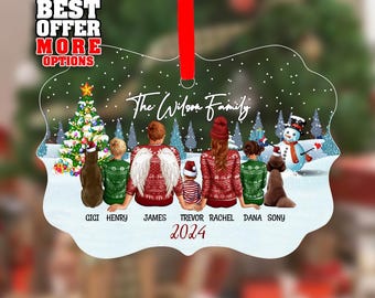 New Family Christmas Ornament With Kids and Pets, Personalized Family Gift 2024, Sweaters, Pajamas, Dogs, Cats, Bunnies,  _029
