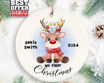 Personalized Baby's First Christmas Ornament, Reindeer Keepsake