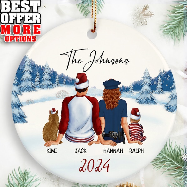 First Family Christmas Bauble, Baby's First Xmas Tree Decoration, Personalized Couple and Pets Christmas Ornament 2024, Police Couple, _144