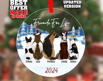 May include: A round, clear glass ornament with a winter scene featuring five dogs wearing Santa hats. The dogs are standing in a snowy forest with trees and a halo above one of the dogs. The text "Friends For Life" is written in a cursive font at the top of the ornament. The names of the dogs are written below them: Johnny, Gigi, Patrick, Jamie, and Sevka. The year 2024 is written at the bottom of the ornament.