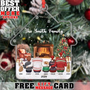 Décoration de famille de Noël personnalisée 2024, souvenir personnalisé en forme de maison pour les familles avec enfants et animaux de compagnie, carte cadeau gratuite, _011