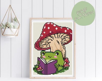 PDF PATTERN - Reading Frog with Mushroom Cross Stitch