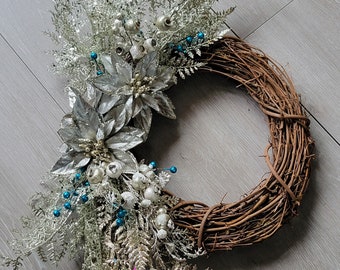 Silver and Blue Christmas Wreath, Glitter Winter Wreath, Christmas Wreath with Poinsettias