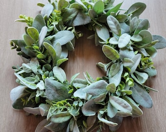 Mini Lamb's Ear and Eucalyptus Wreath, 14 inch Greenery Wreath, Candle Wreath, Centerpiece Wreath, Farmhouse Wreath, Year Round Wreath