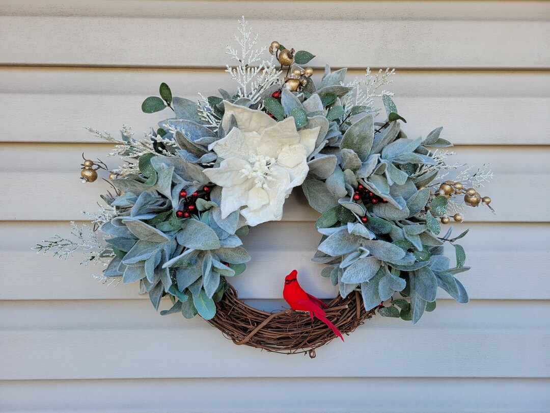 Lambs Ear and Poinsettia Winter Wreath, Winter Front Door Wreath With ...