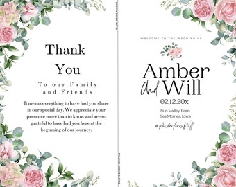 Printable Wedding Program Template in pink, Editable Elegant Classic Order of Service Booklet, Digital Ceremony Card, CS
