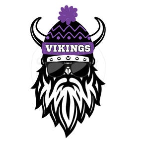 May include: A black and white illustration of a Viking wearing a purple and black hat with the word "VIKINGS" on it. The Viking is wearing sunglasses and has a long beard.