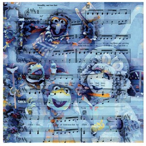 May include: A whimsical artwork featuring Muppet characters set against a backdrop of musical notes. The image has a blue and white color scheme, with the text "Steadily, not too fast" at the top. The artwork has a festive, holiday theme.