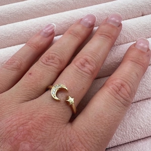18kt gold plated adjustable moon and star ring