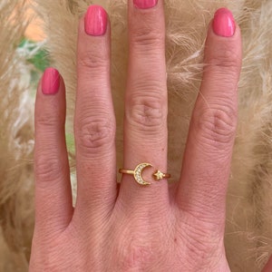 18kt gold plated adjustable moon and star ring