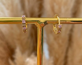 18kt gold plated pink cubic zirconia huggie hoop earrings