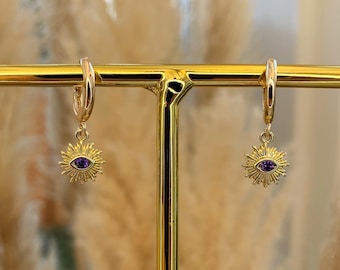 18kt gold plated cubic zirconia evil eye February birthstone huggie hoop earrings