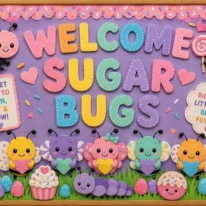 May include: A colorful classroom bulletin board with the words "WELCOME SUGAR BUGS" in stitched letters. The board features cartoon bugs, lollipops, hearts, and the text "A SWEET PLACE TO LEARN, PLAY & GROW!" and "BIG HEARTS, LITTLE BUGS, BRIGHT FUTURES!"