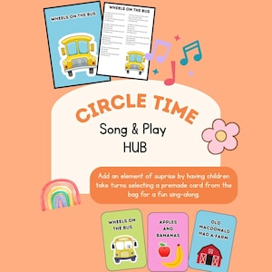 May include: A colorful educational set for children, featuring cards with song titles like "Wheels on the Bus," "Apples and Bananas," and "Old MacDonald Had a Farm." The design includes a yellow school bus illustration and musical notes.