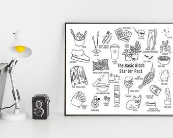 Basic Bitch Starter Pack Line Art Print – Y2K Aesthetic (A4/A3)