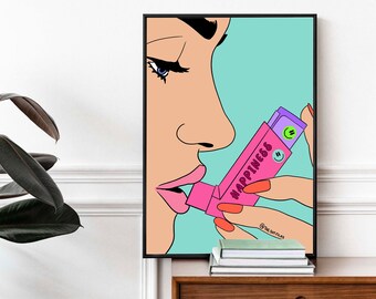 Happiness Inhaler Poster, Pop Art Style Mental Health Print