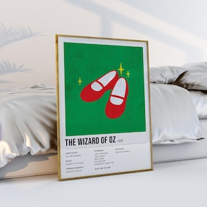 May include: A minimalist movie poster design for the classic film "The Wizard of Oz" (1939). The poster features a green background with a pair of red ruby slippers and a few yellow stars.