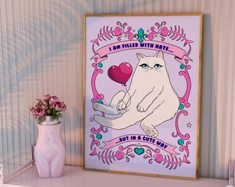 Funny Cat Poster | Cheeky Kitty with Heart Balloon, Girly Room Art