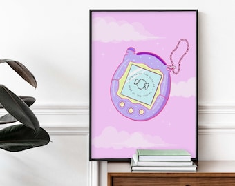 Tamagotchi Wall Art Vibrant Pink Purple Aesthetic Anime Style Poster Nostalgia Y2K Gen Z Toy Gadget Illustration Retro Print