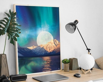 Moonlit Mountain Lake Art Print, Fantasy Celestial Decor