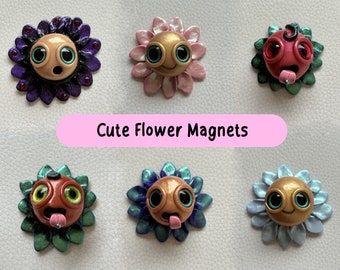 Cute Fun Smiley Face Glitter Flower Magnet Embellished Crystal Piercings Goth Handmade Polymer Clay Art Girly Gift Fridge Kitchen Decor