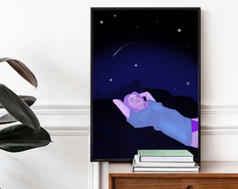 Dreaming Girl Under Stars Art Print, Celestial Bedroom Decor