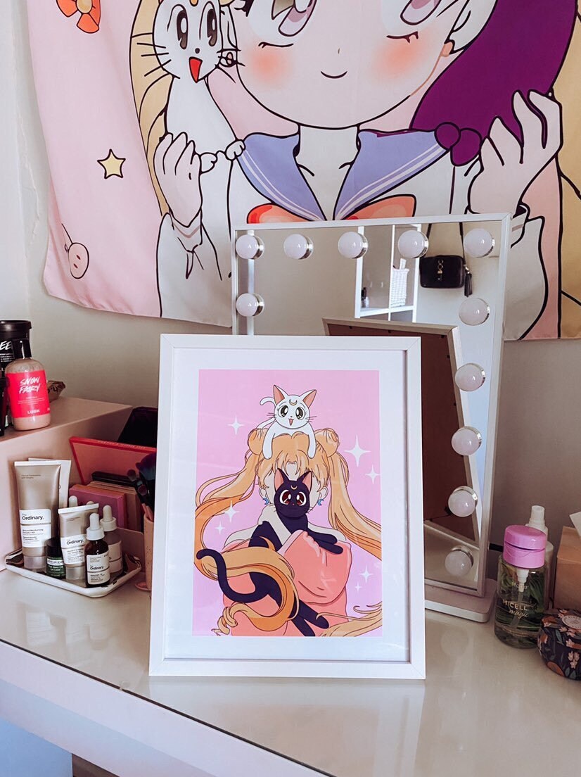 Discover Sailor Moon Print Cats Luna Artemis Anime Manga Japanese Cartoon Wall Art Nostalgia 90s Superhero Poster  (Und)