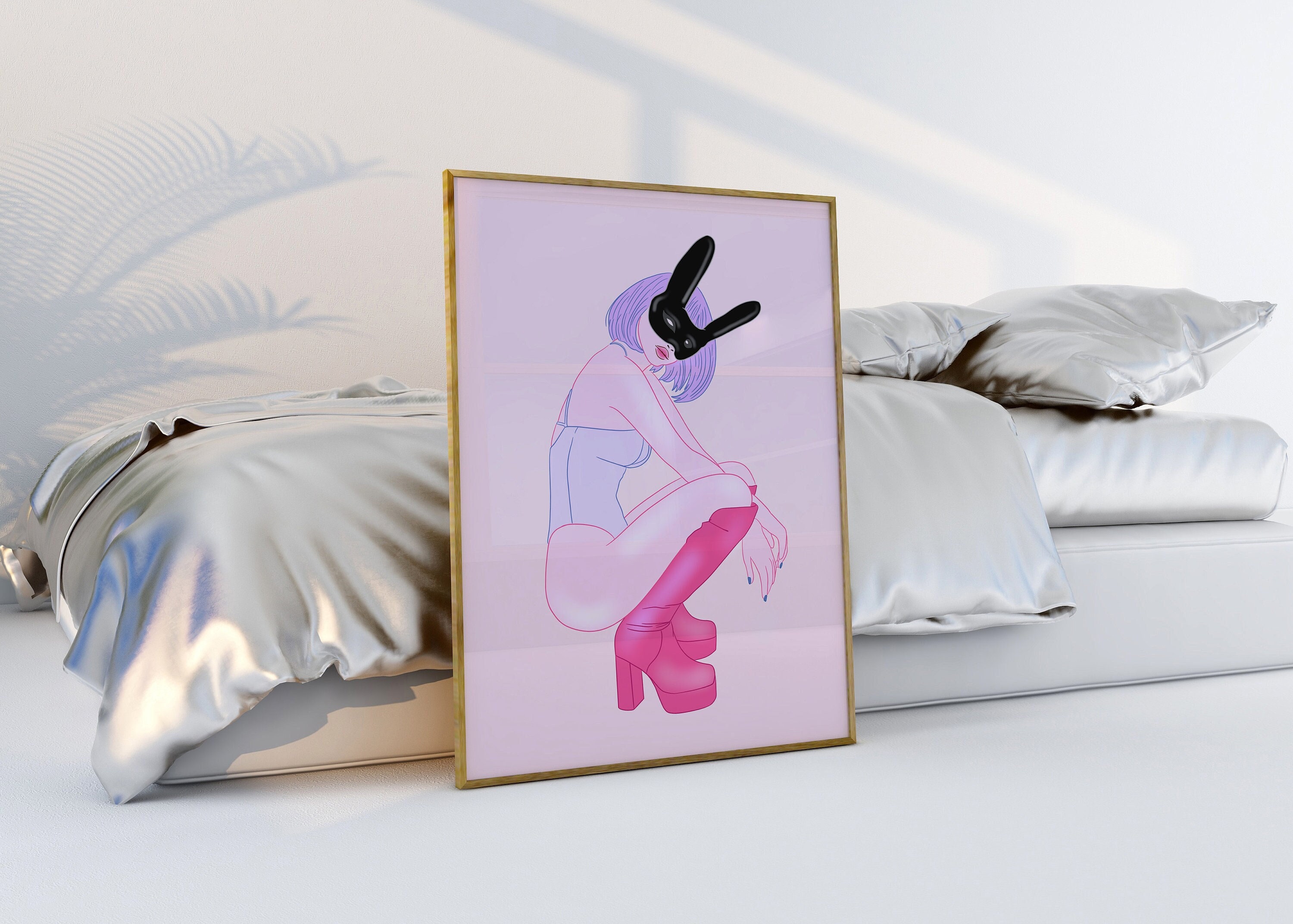 Bad Bunny Pop Art Playful BDSM Fancy Dress Girl Bedroom Kinky Vibes Knee-high Boots Leather Latex Aesthetic Wall Art Hand Drawn-Illustration