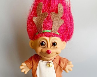 Troll reno ruso, troll vintage de 5 pulgadas, reno de nariz roja para Navidad, muñeco troll de los años 90, traje de ciervo, reno navideño