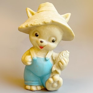 Vintage Squeak Rabbit Fisherman Doll, Kitsch Rubber Bunny Doll, Rosebud Toys, Sweet Vintage Toys Rabbit 60&#39;s 50&#39;s