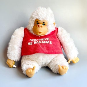 Vintage White Gorilla Thumb Sucking, You Drive Me Bananas, Gonga Gorilla Vintage Plush Gorilla Plastic Face Banana