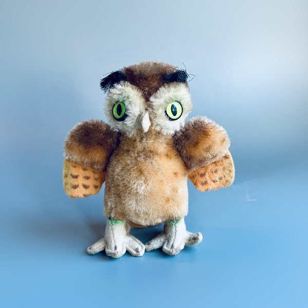 Steiff Wittie Owl Vintage Plush, Mohair Owl Toy With Green Eyes, 1960's Vintage Steiff Owl