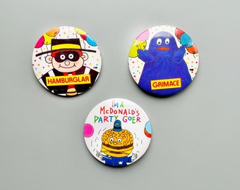 McDonalds Vintage Button Badges, Grimace Badge, Hamburglar Pin Badge, 90's McDonalds Button Badge McDonalds Collectible Merchandise