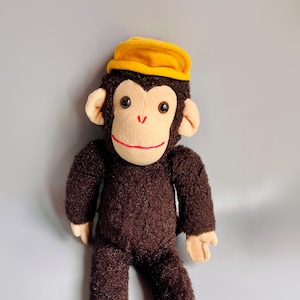 Vintage Monkey Doll, Vintage Monkey Bear Toy, Hanging Monkey Plush Velcro Hands, Monkey In Yellow Hat Plush, Cute Vintage Monkey