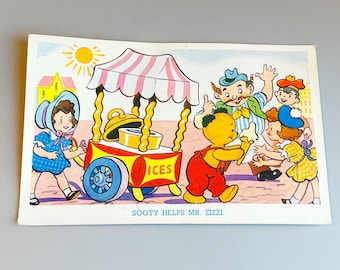Vykort med texten Sooty hjälper Mr Zizzi, vintagevykort med J Salmon, illustrerat vintagevykort med texten Sooty & Sweep från 60-talet