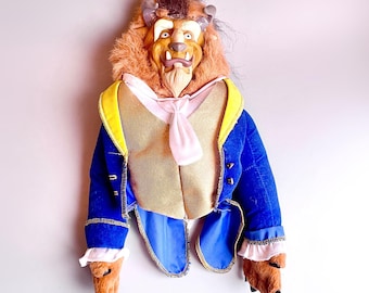 Disney Store Beast Beauty And The Beast Hand Puppet, Vintage Plush Plastic Face 9” Disney Hand Puppet Beauty And The Beast