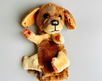 Niedliche Vintage Welpe Handpuppe, Hund Handpuppe, Vintage Plüsch Hündchen, Stroh Gefüllte Puppe