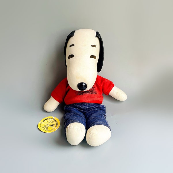 GRANDE poupée jouet Snoopy Peanuts de 15 pouces, années 1950 - 60's vintage Snoopy Jeans rouge haut chiffon poupée jouet avec étiquette, les gangs tous ici