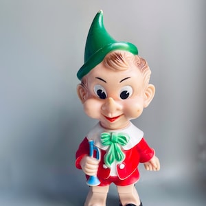 Vintage Pinocchio Quietsch Spielzeug, Ledra Plastik Elefant Logo, Italienischer Pinocchio Quietsch Spielzeug, 60er Jahre Quietschspielzeug