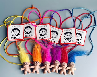 Dam Troll Necklace - CHOOSE YOUR OWN - Vintage Dam Mini Troll Doll Necklace With Original Label, Colourful Rainbow Trolls