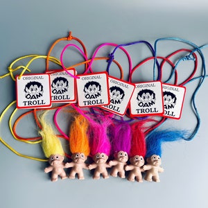 Dam Troll Necklace - CHOOSE YOUR OWN - Vintage Dam Mini Troll Doll Necklace With Original Label, Colourful Rainbow Trolls