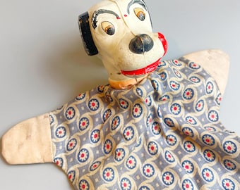 Simpatico pupazzo da mano a forma di cucciolo vintage, pupazzo da mano a forma di cane, pupazzo da guanto vintage a forma di cane, pupazzo di stoffa antico a forma di cane in celluloide/gesso