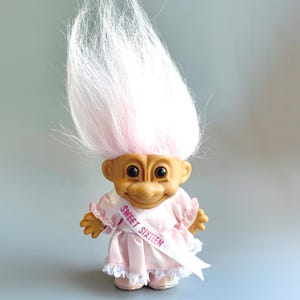Sweet 16 Troll, Vintage 90&#39;s Russ Troll Doll, Lucky Troll 16th Birthday Gift, Vintage 90&#39;s Pink Dress Nostalgia