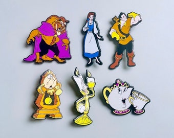 Vintage Beauty And The Beast Plastic Pin Badges, CHOOSE YOUR OWN, 90's Disney Pins, Belle, Gaston, Mrs Potts Tea Pot, Lumiere