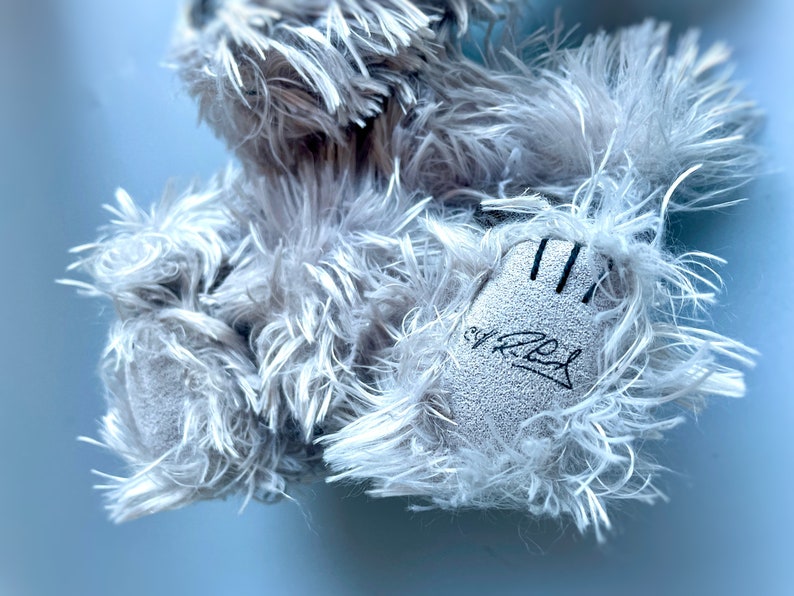 May include: A gray plush toy with a signature on the paw. The toy is made of soft, fluffy material.