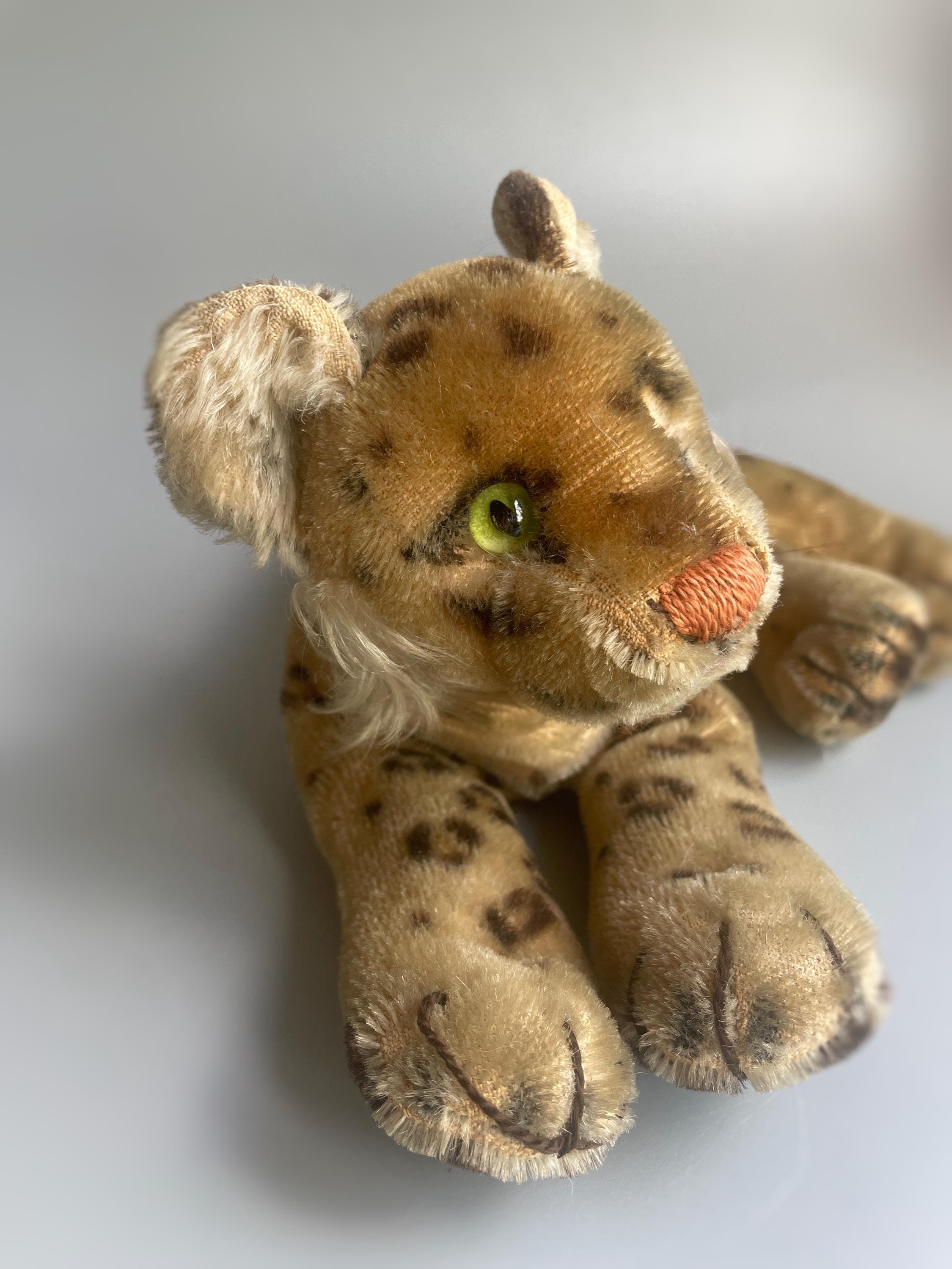 Steiff Leopard Mohair Plush, 1950's Steiff Laying Leopard Green