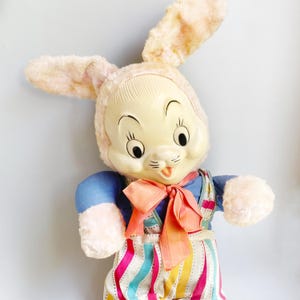 Rubber Faced Plush Rabbit, 1950&#39;s Vintage Easter Bunny Rubber Face Toy, Kitschy Pink Blue Bunny Plastic Faced 60&#39;s Large